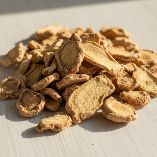 Loose dried ginger root pieces close-up