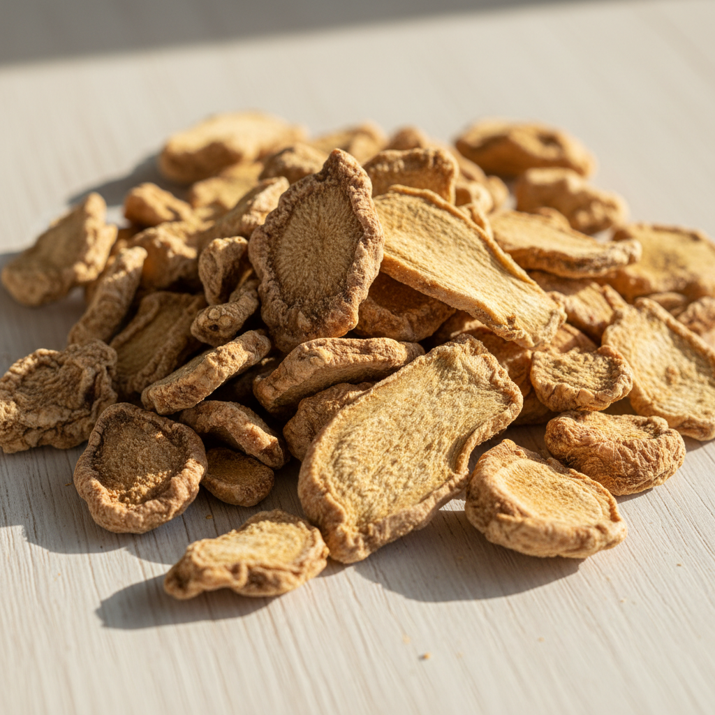 Loose dried ginger root pieces close-up